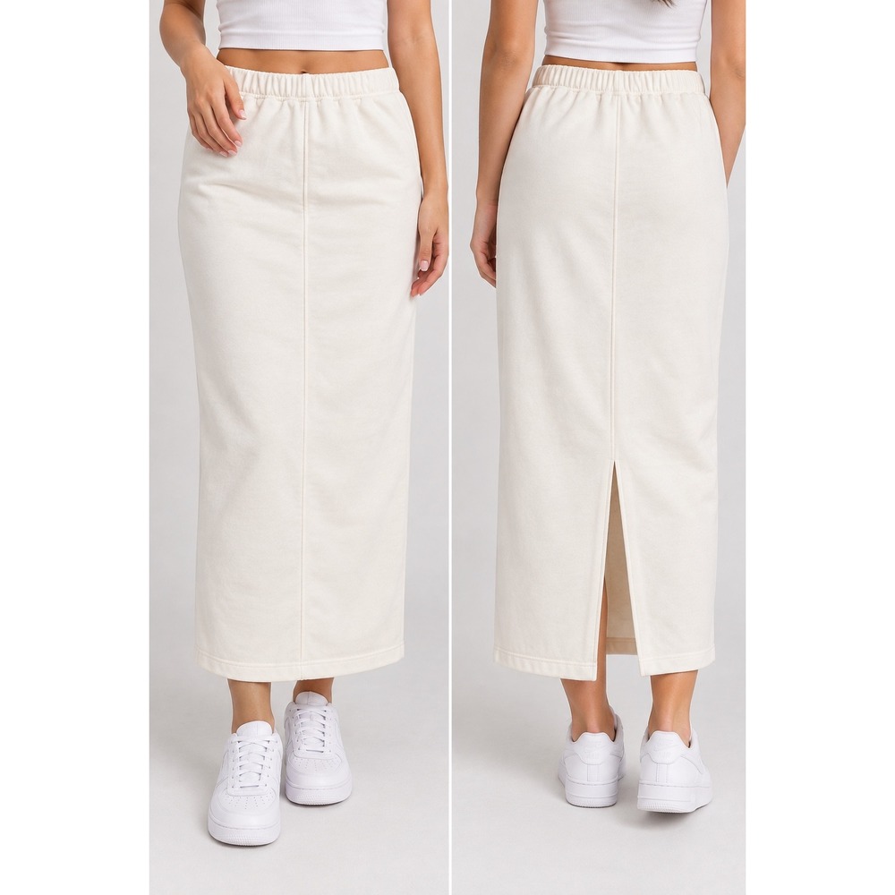 Forever 21 Cream Fleece Maxi Skirt Elastic Waist Back Slit Sweatshirt Skirt S
